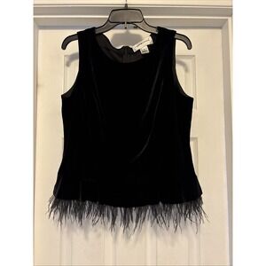 Vtg Victor Costa Black Velvet Sleeveless Top Ostrich Feather Trim Goth Witchy XL